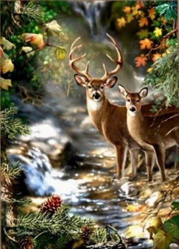 Norimpex Deer and roe deer by a forest stream 30 × 40 cm - Diamond Painting - Main image