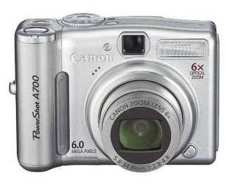Canon PowerShot A700 stříbrný (silver), CCD 6 Mpx, 6x zoom, 2.5" LCD, 2x AA, SD/ MMC  - Digital Camera - Main image