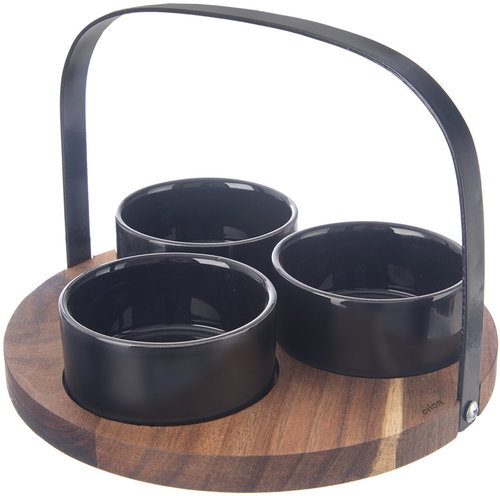 ORION Servier-Set BLACK Keramikschale + Tablett Akazie + Griff - Geschirrset - Hauptbild
