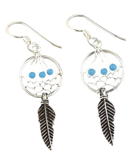 Oriental silver dangle earrings, Dreamcatcher blue rhinestones - Earrings - Main image