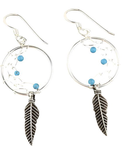 Oriental silver dangle earrings, half Dreamcatcher, blue rhinestone - Earrings - Main image
