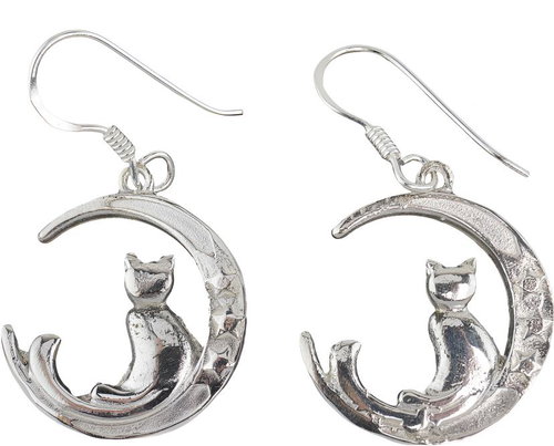 Oriental silver dangle earrings Cat on the moon - Earrings - Main image