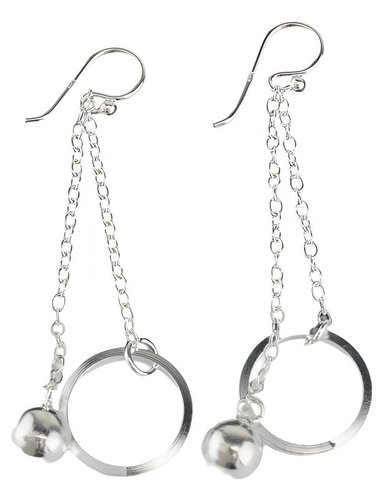 Oriental silver dangle earrings, Chain, circle and ball, 52 mm - Earrings - Main image