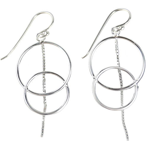 Oriental silver dangle earrings, two circles, chain, 37 mm - Earrings - Main image