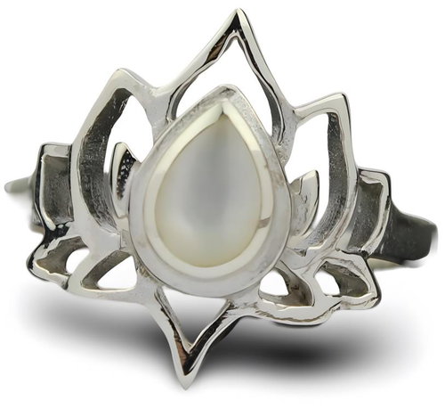 ORIENTAL Silver lotus ring with pearl, size 51 - Ring - Main image