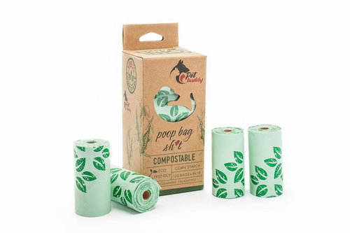 PetBuddy Excrement bags, compostable, 8 rolls/15 bags, green printed - Dog Poop Bags - Main image