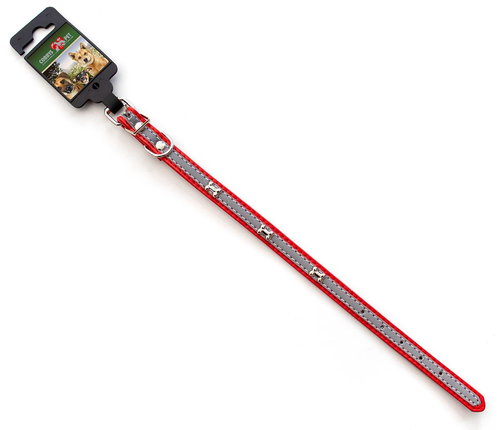 COBBYS PET Red leather collar with reflective stripe decorated with blocks 35 cm/16 mm - Dog Collar - Main image