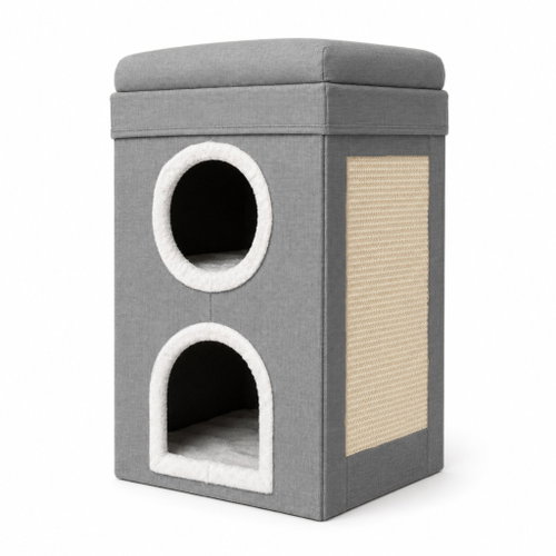 Dogeste Cat House with Scratcher, Two-storey, Foldable, 65 × 38.5 × 38.5cm, Grey - Cat Scratcher - Main image