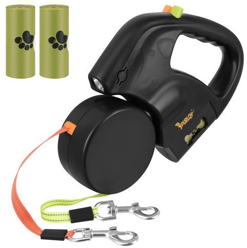 Purlov 27852 double retractable leash 2×3m with LED torch, black - Leash - Main image