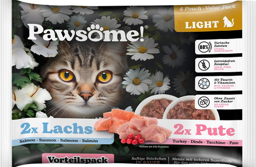 Pawsome! Adult Light with Turkey/Salmon Multipack 4x85g - Cat Food Pouch - Main image