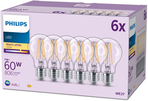 Philips Classic A60, E27, 60 W, warmweiß, 6 Stück. - LED-Birne - Hauptbild