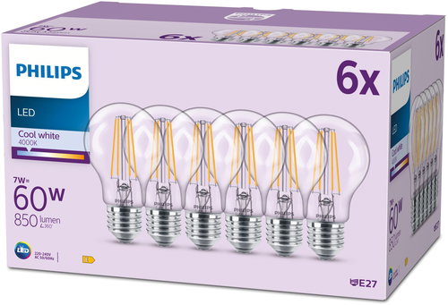 Philips Classic A60, E27, 60 W, Kaltweiß, 6 Stück. - LED-Birne - Hauptbild