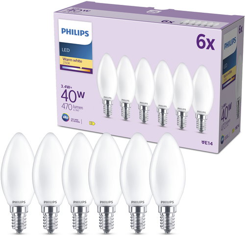 Philips Classic B35, E14, 40 W, warm white, milky, 6 pcs. - LED Bulb - Main image