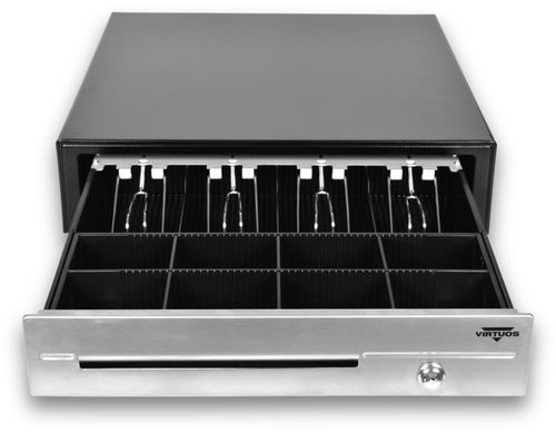 Virtuos pokladní zásuvka C430D s kabelem, kovové držáky, nerez panel, 9-24V, černá - Pokladní zásuvka - Hlavní obrázek