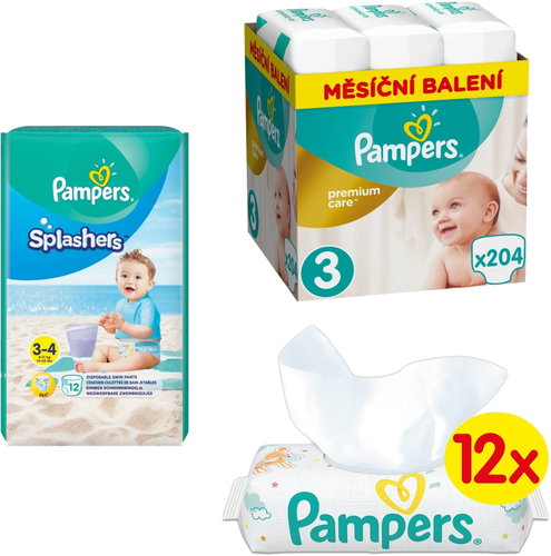 PAMPERS Premium Care size 3 Midi (204 pcs), PAMPERS Splashers size 3 (5-9 kg) 12 pcs, PAMPERS Sensitiv - Children's Kit - Main image