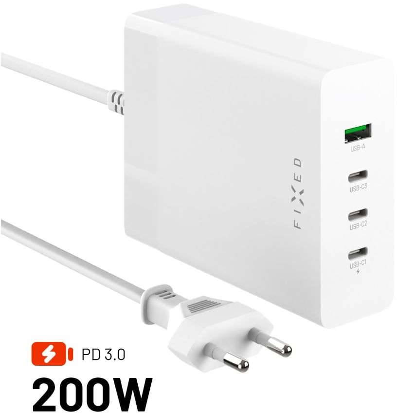 FIXED Charging Station 3 x USB-C-vel és USB-kimenettel, PD támogatás, 3.0 200 W ,fehér