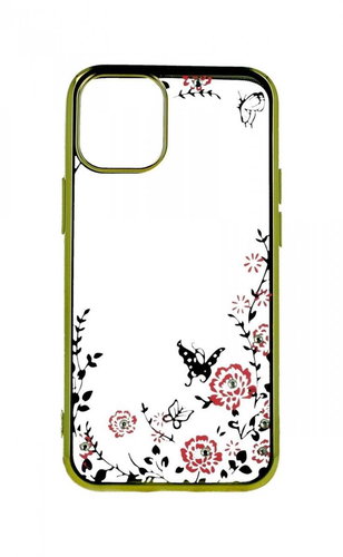 TopQ iPhone 12 mini silicone gold with pink flowers 53725 - Phone Case - Main image