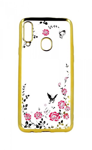 TopQ Samsung A20s silicone gold with pink flowers 55375 - Phone Cover - Main image