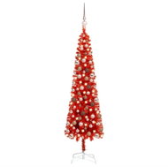 Úzký vánoční stromek s LED diodami a sadou koulí červený 120 cm - Vánoční stromek