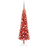 Úzký vánoční stromek s LED diodami a sadou koulí červený 150 cm - Vánoční stromek