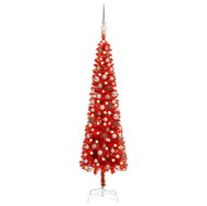 Úzký vánoční stromek s LED diodami a sadou koulí červený 150 cm - Vánoční stromek