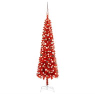 Úzký vánoční stromek s LED diodami a sadou koulí červený 180 cm - Vánoční stromek