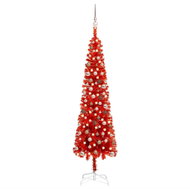 Úzký vánoční stromek s LED diodami a sadou koulí červený 210 cm - Vánoční stromek