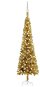 Úzký vánoční stromek s LED diodami a sadou koulí zlatý 210 cm - Vánoční stromek