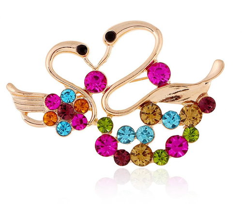 Feng Shui Harmony Brooch Swan gold with coloured rhinestones - Brooch - Main image