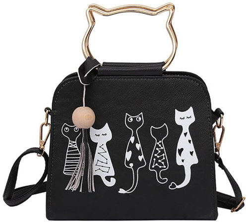MDS Ladies handbag with cat pattern black and gold - Handbag - Main image