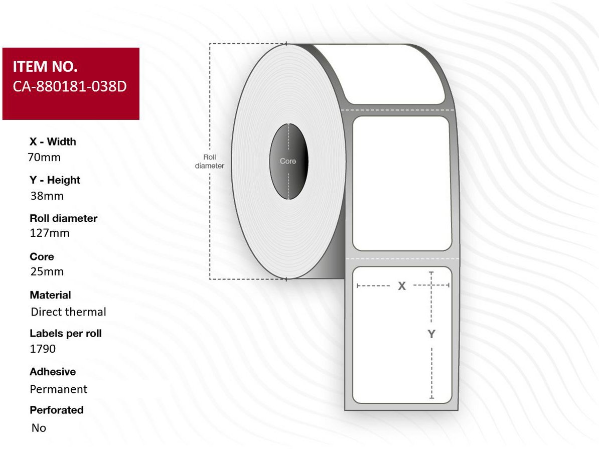 Capture címkék 70 x 38 mm, tekercsátmérő 25 mm, Direct Thermal, bevonat nélküli, tartós, perforálás nélkül