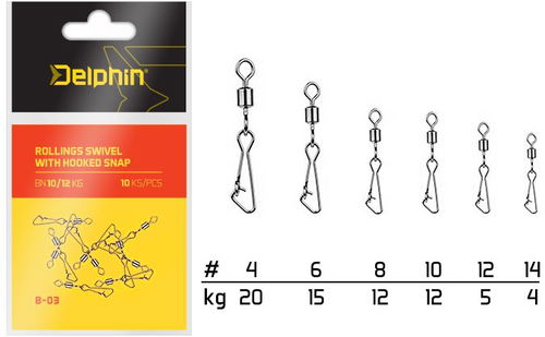 Delphin Rollings Swivel with Hooked Snap Velikost 12 5kg 10ks - Karabinka - Hlavní obrázek