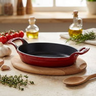 LAVA METAL Cast Iron Pan 19x14cm with Wooden Base - Red - Pan