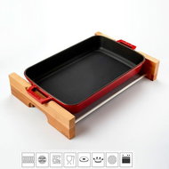 LAVA METAL Cast Iron Baking Pan 22x30cm with Wooden Base - Red - Roasting Pan