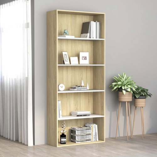 5 storey bookcase white and sonoma oak 80x30x189 cm chipboard 801031 - Bookshelf - Main image