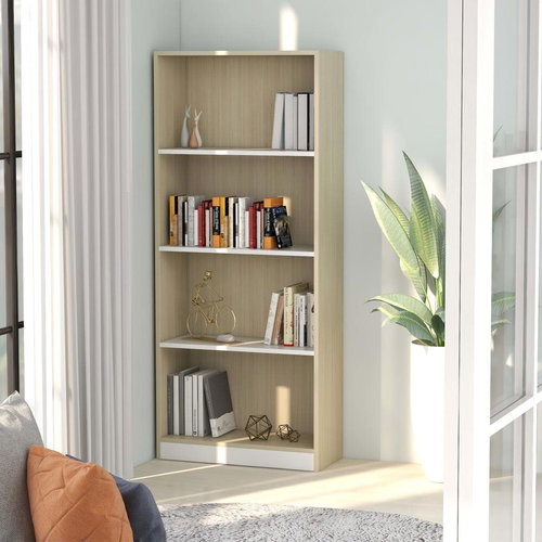 Bookcase 4 shelves white and sonoma oak 60x24x142 cm chipboard - Bookshelf - Main image