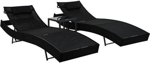 Garden Chairs 2 pcs with Table Polyrattan and Textile Black - Garden Lounger - Main image