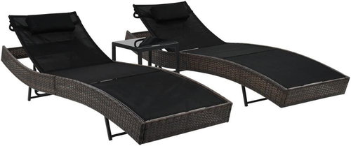 Garden Lounger 2 pcs with Table Polyrattan and Textile Brown - Garden Lounger - Main image
