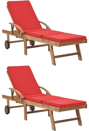 Garden Chairs with Cushions 2 pcs Solid Teak Wood Red - Garden Lounger - Main image