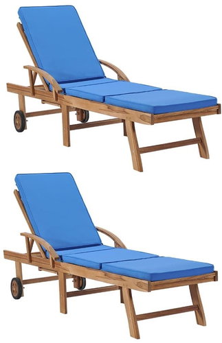 Garden chairs with cushions 2 pcs solid teak wood blue - Garden Lounger - Main image