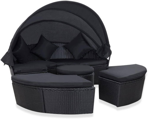 Garden Lounger with Polyrattan Canopy Black - Garden Lounger - Main image