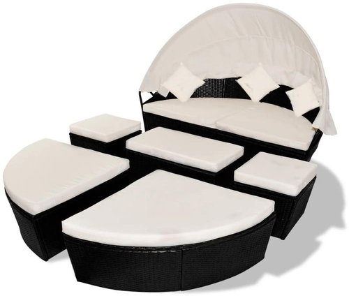 Garden Lounger with Canopy Black 186 x 226cm Polyrattan - Garden Lounger - Main image