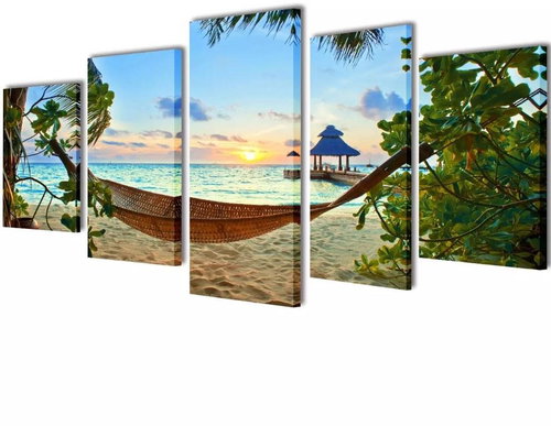 Set of paintings, print on canvas, sandy beach with hammock, 100×50 cm 241562 - Painting - Main image