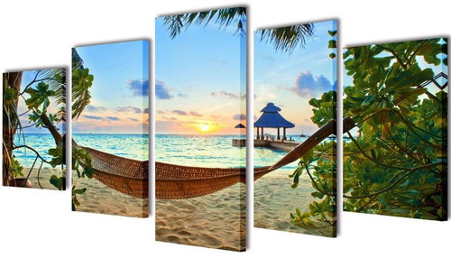 Set of printed paintings on canvas beach with hammock 200×100 cm 241563 - Painting - Main image