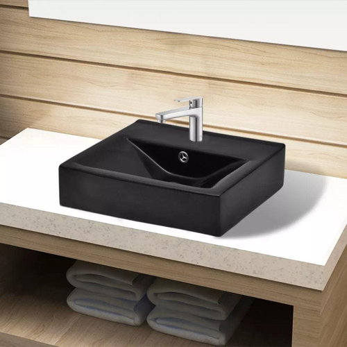 Ceramic washbasin with tap hole and overflow, black rectangular - Washbasin - Main image