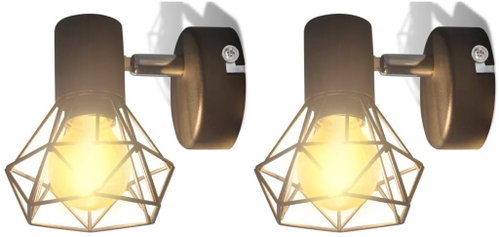 2 Black Industrial Wall Lights, Wire Shades + LED Bulbs - Ceiling Light - Main image