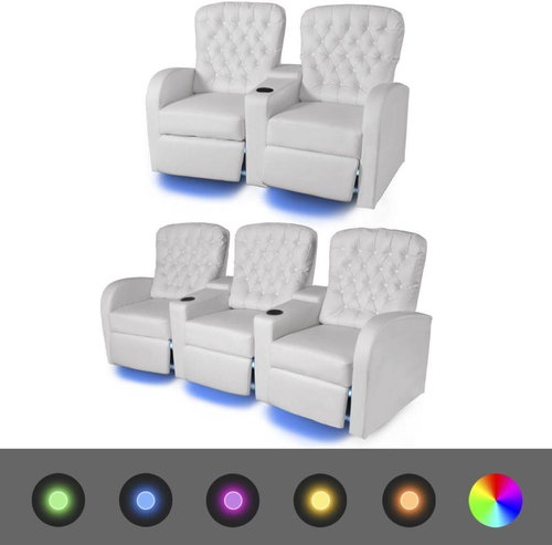 2 ks LED polohovací křesla 2sedačkové + 3sedačkové koženka bílá - Křeslo - Main image