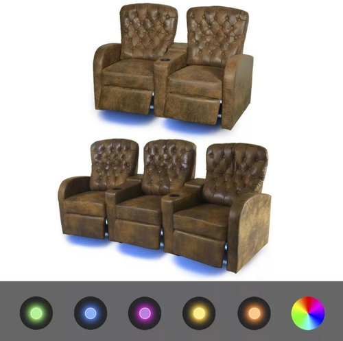 2 ks LED polohovací křesla 2místné +3místné umělá kůže hnědá - Křeslo - Main image
