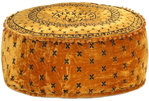 Kulatý taburet s výšivkou samet 60 × 25 cm hořčicový - Taburet - Main image