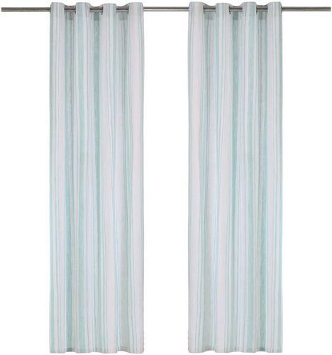 Curtains with Metal Rings 2 pcs Cotton 140 x 175cm Blue Stripes - Drape - Main image